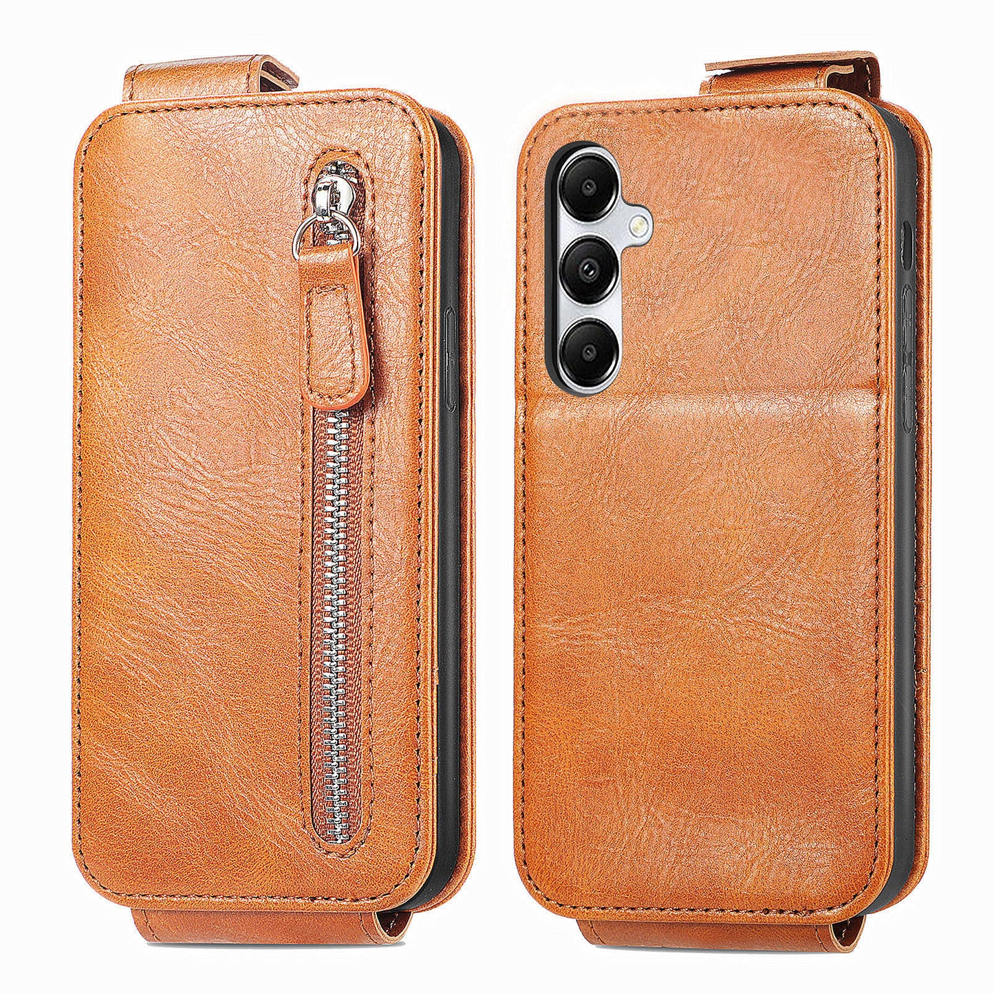 For Samsung Galaxy A15 4G Case Zipper Pocket PU Leather Vertical Flip Wallet Phone Cover - Brown