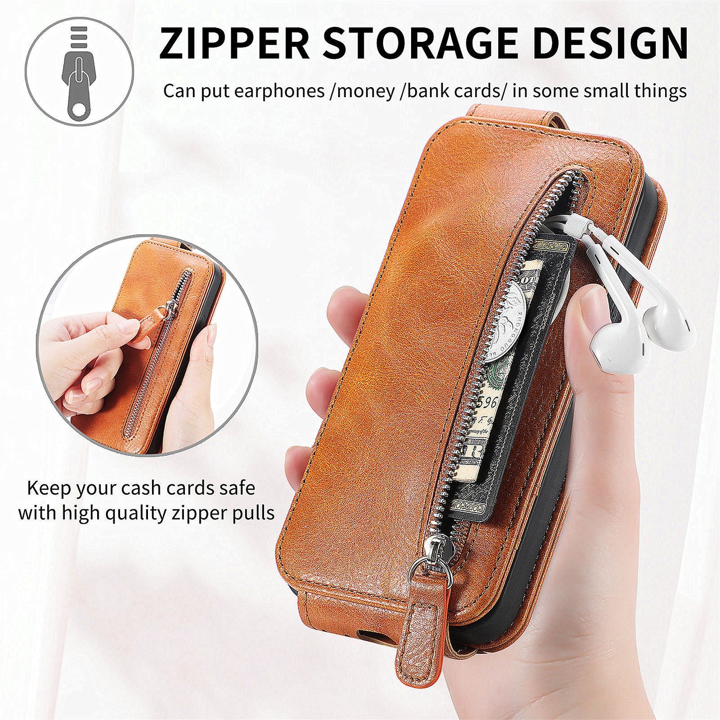 For Samsung Galaxy A15 4G Case Zipper Pocket PU Leather Vertical Flip Wallet Phone Cover - Brown
