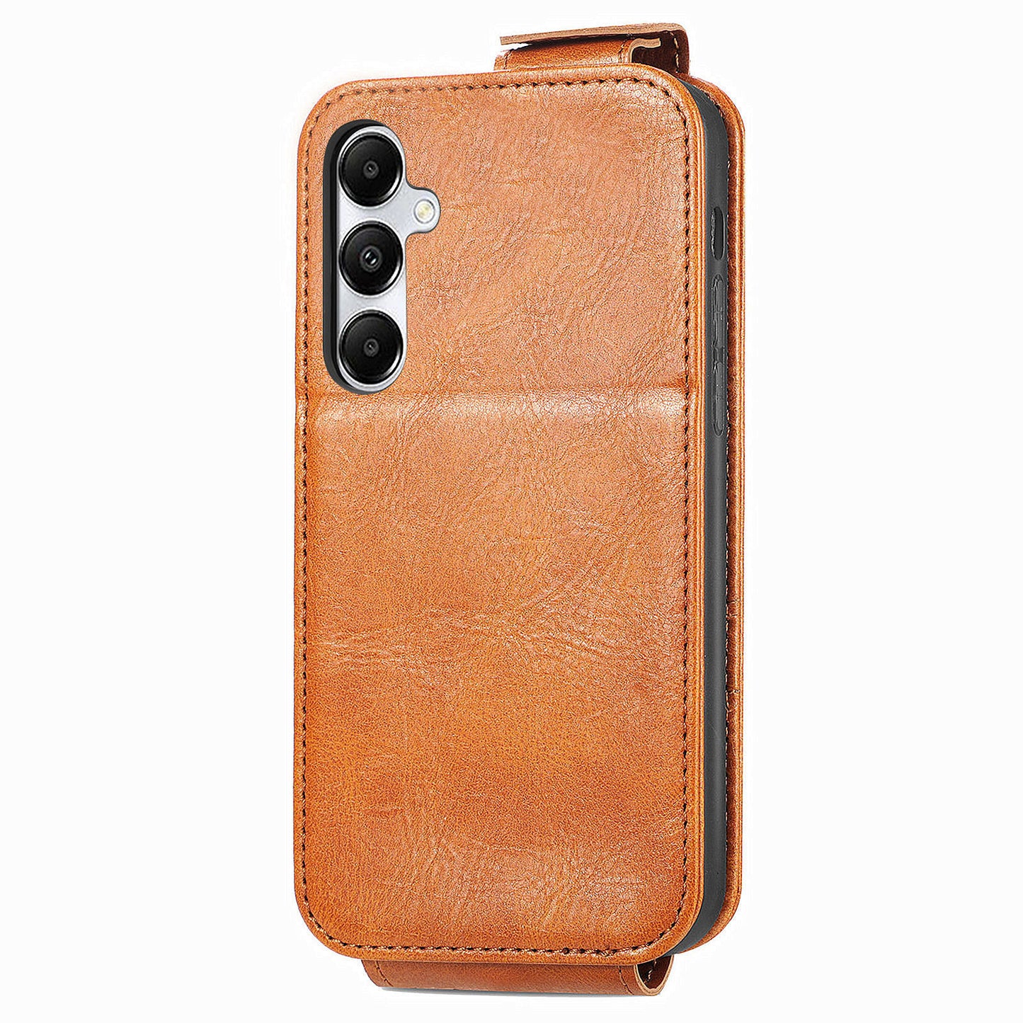 For Samsung Galaxy A15 4G Case Zipper Pocket PU Leather Vertical Flip Wallet Phone Cover - Brown