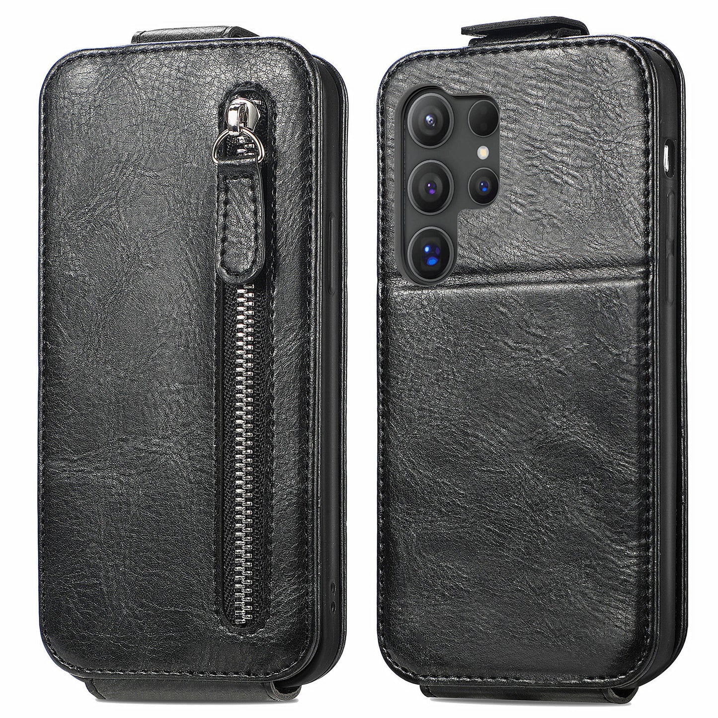 For Samsung Galaxy S24 Ultra Case Zipper Wallet Leather Cover Cell Phone Accessory Wholesale - Black