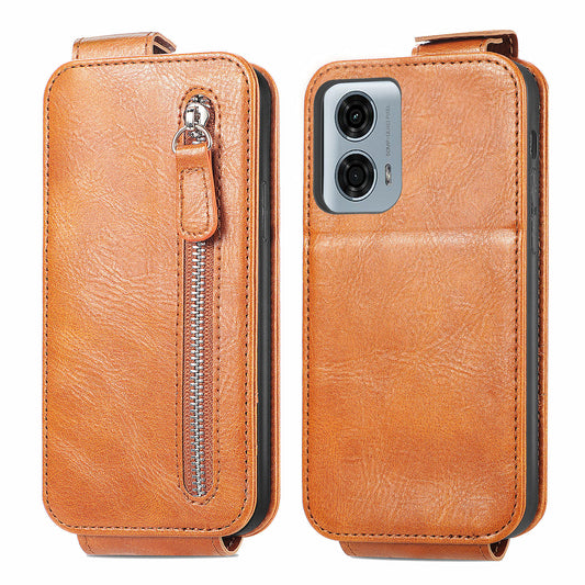 For Motorola Moto G24 Power Phone Case Zipper Pocket Vertical Flip Leather Stand Anti-drop Cover - Brown