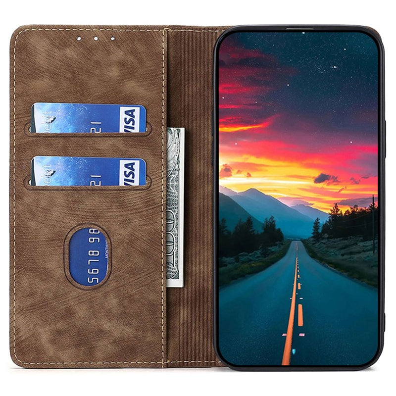 For Samsung Galaxy M15 5G Folio Flip Case RFID Blocking Card Holder Phone Cover - Brown