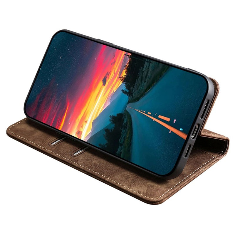 For Samsung Galaxy M15 5G Folio Flip Case RFID Blocking Card Holder Phone Cover - Brown