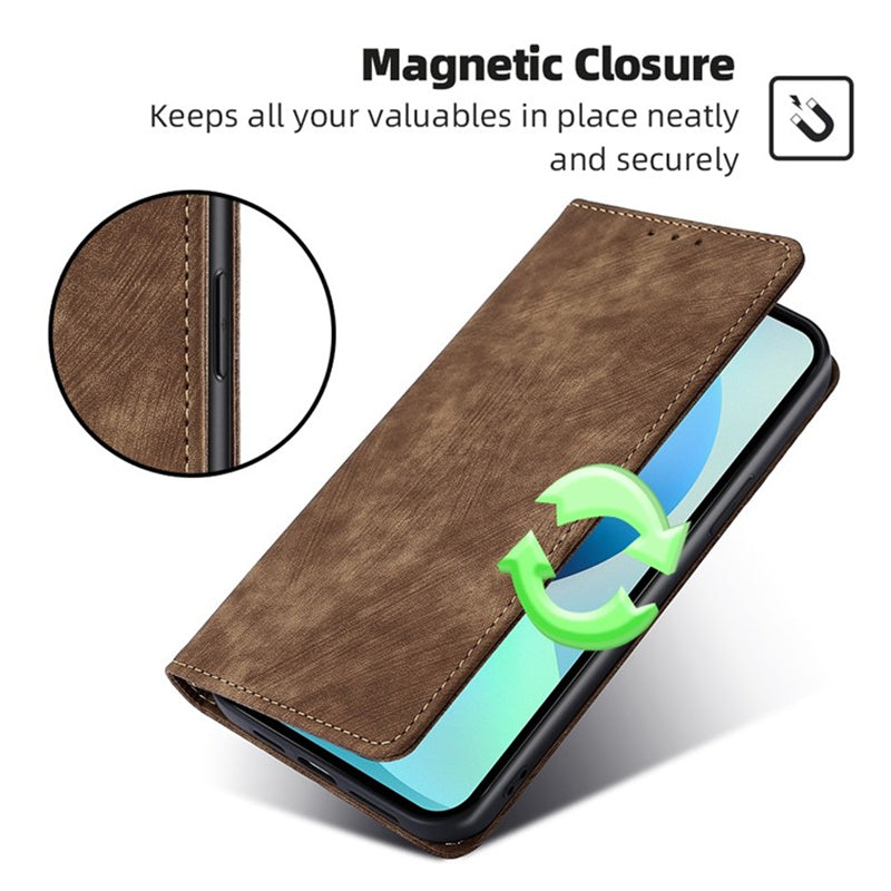 For Samsung Galaxy M15 5G Folio Flip Case RFID Blocking Card Holder Phone Cover - Brown
