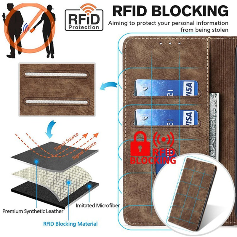 For Samsung Galaxy M15 5G Folio Flip Case RFID Blocking Card Holder Phone Cover - Brown
