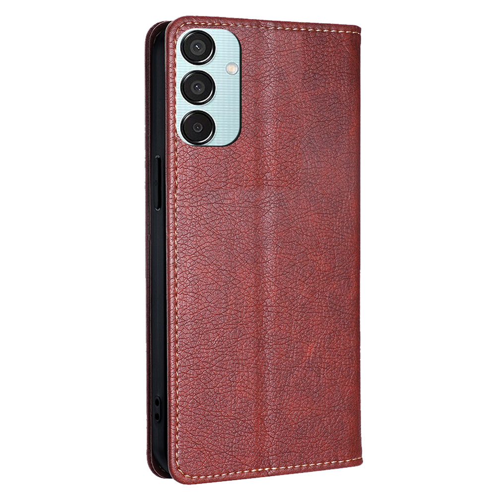 For Samsung Galaxy M15 5G Magnetic Closure Wallet Case Leather Phone Cover - Brown