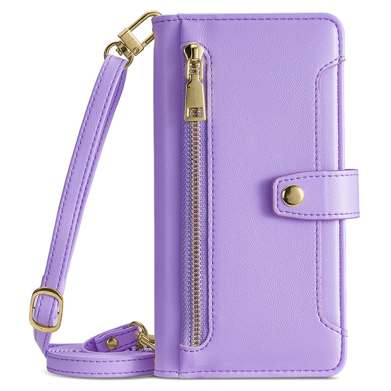 For Samsung Galaxy M15 5G Leather Case Wallet Zipper Phone Cover with 2 Straps - Purple