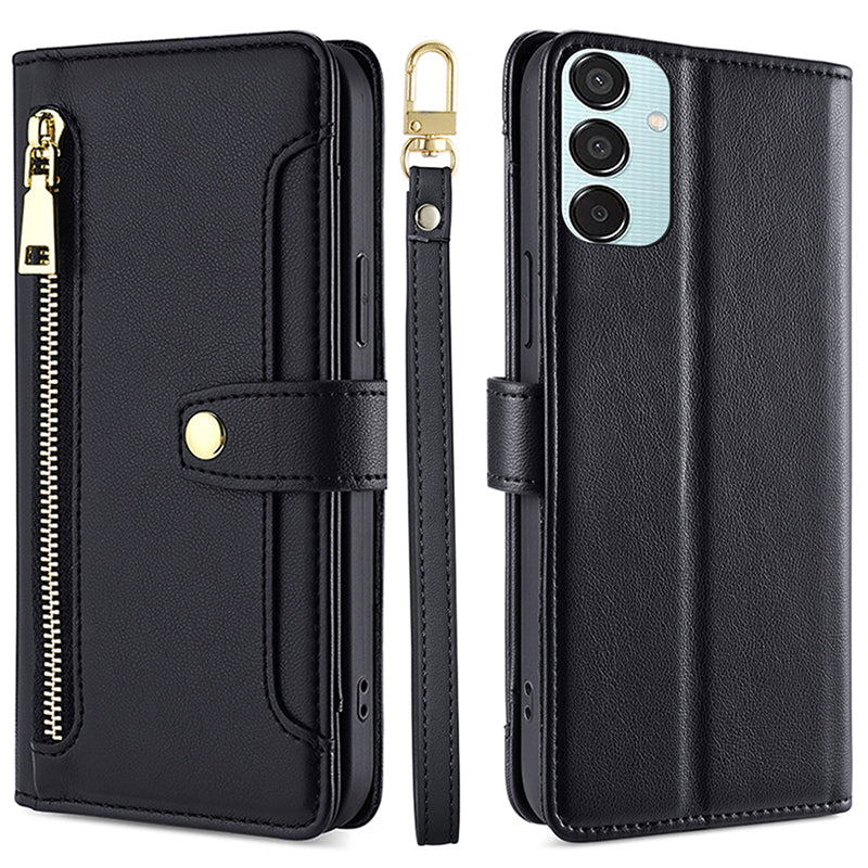 For Samsung Galaxy M15 5G Leather Case Wallet Zipper Phone Cover with 2 Straps - Black
