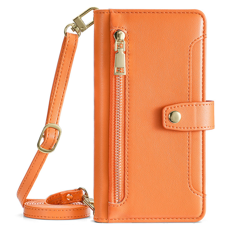 For Samsung Galaxy M15 5G Leather Case Wallet Zipper Phone Cover with 2 Straps - Orange