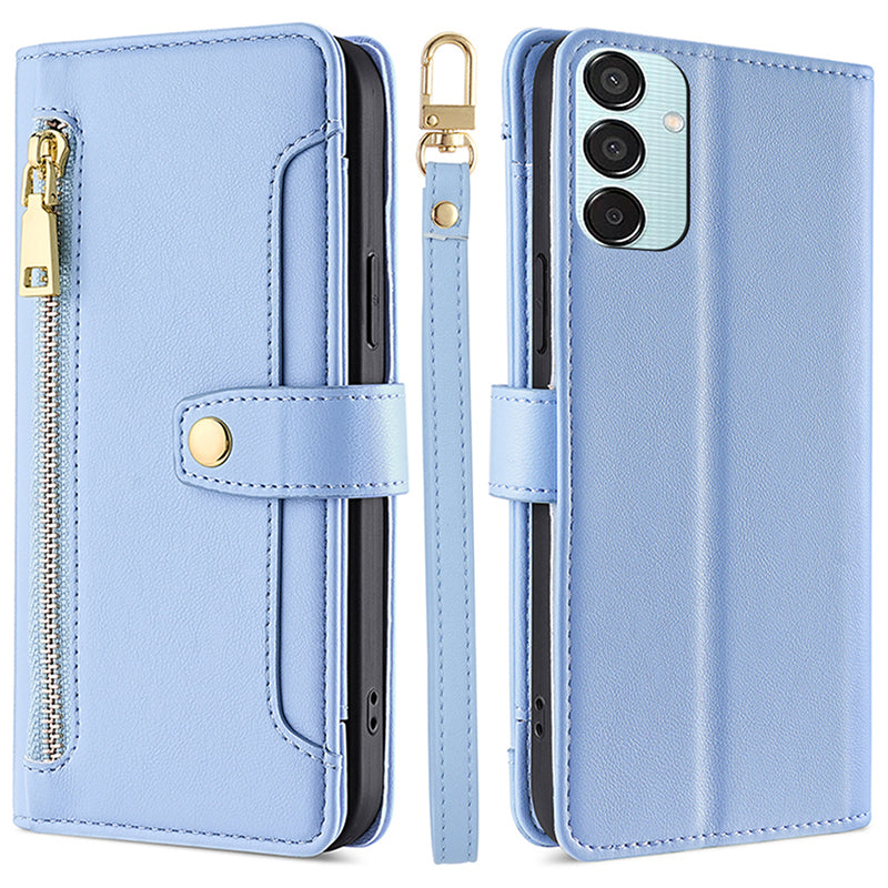 For Samsung Galaxy M15 5G Leather Case Wallet Zipper Phone Cover with 2 Straps - Blue