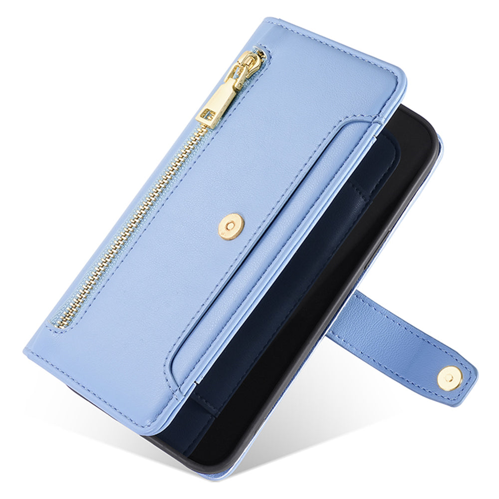 For Samsung Galaxy M15 5G Leather Case Wallet Zipper Phone Cover with 2 Straps - Blue