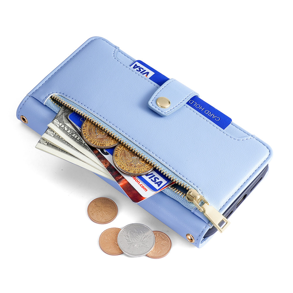 For Samsung Galaxy M15 5G Leather Case Wallet Zipper Phone Cover with 2 Straps - Blue