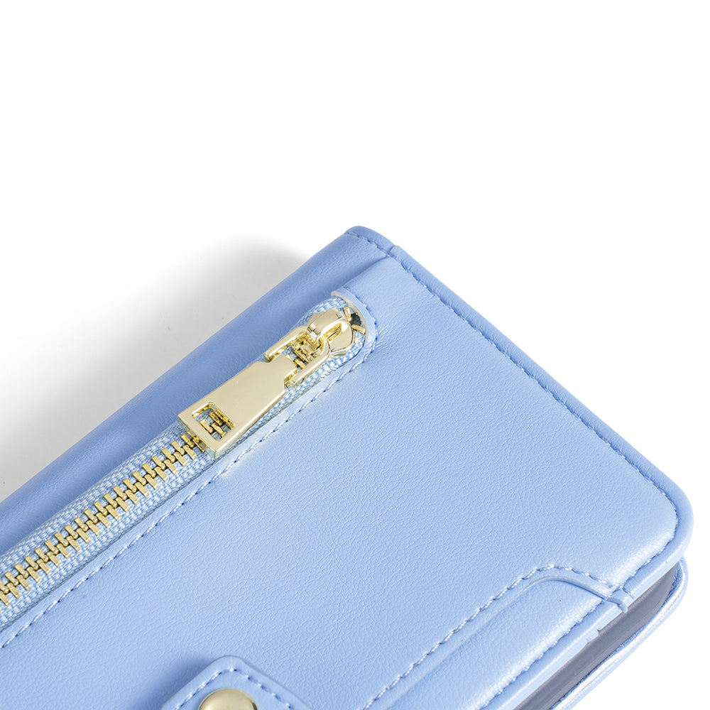 For Samsung Galaxy M15 5G Leather Case Wallet Zipper Phone Cover with 2 Straps - Blue