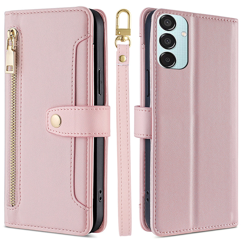 For Samsung Galaxy M15 5G Leather Case Wallet Zipper Phone Cover with 2 Straps - Pink