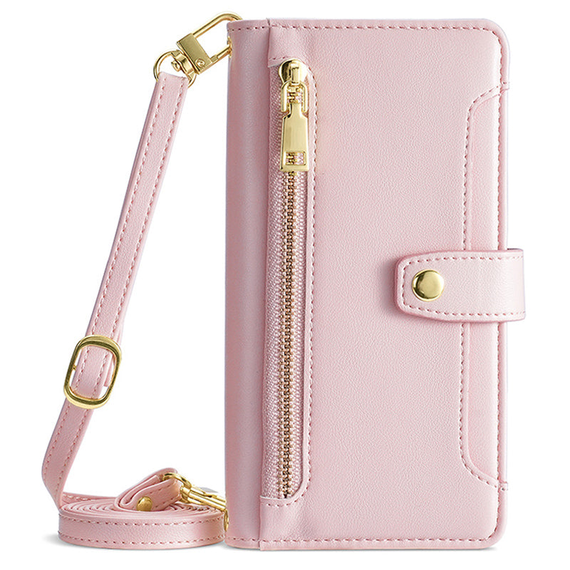 For Samsung Galaxy M15 5G Leather Case Wallet Zipper Phone Cover with 2 Straps - Pink