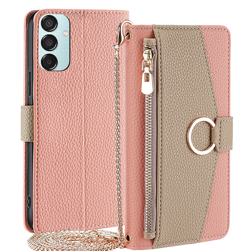 For Samsung Galaxy M15 5G Leather Case Zipper Wallet Crossbody Phone Cover with Mirror - Pink