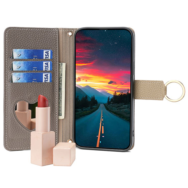 For Samsung Galaxy M15 5G Leather Case Zipper Wallet Crossbody Phone Cover with Mirror - Grey
