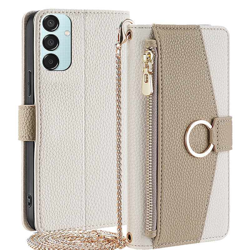 For Samsung Galaxy M15 5G Leather Case Zipper Wallet Crossbody Phone Cover with Mirror - White