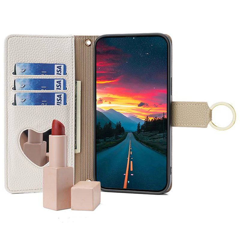 For Samsung Galaxy M15 5G Leather Case Zipper Wallet Crossbody Phone Cover with Mirror - White