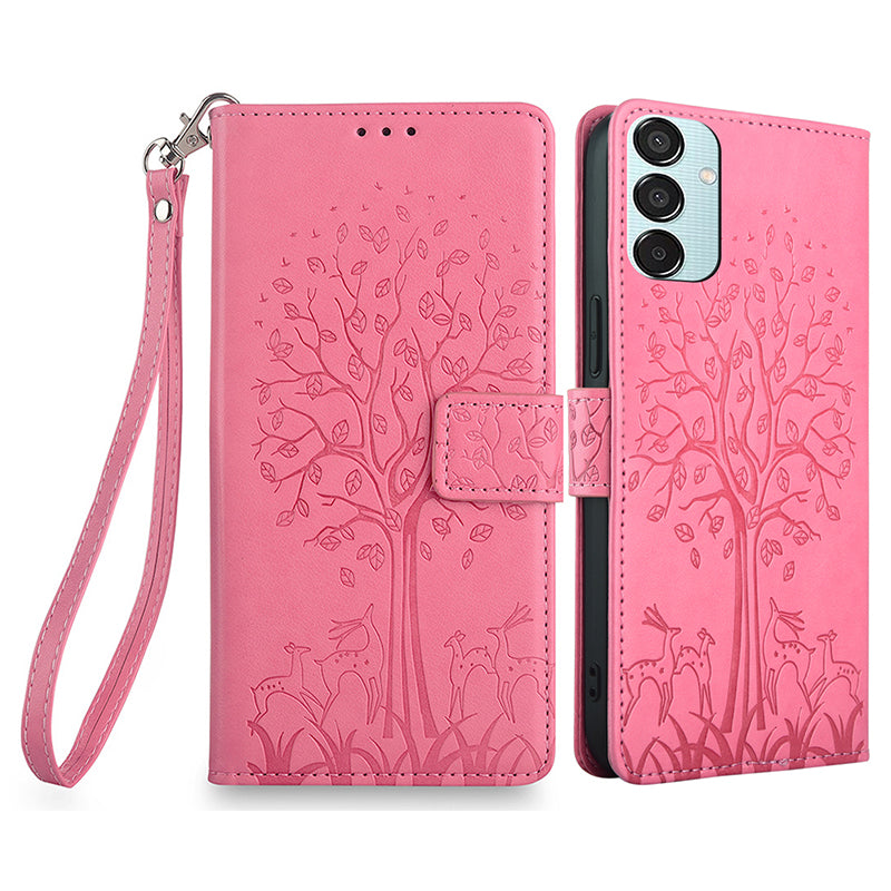 For Samsung Galaxy M15 5G Leather Case with 3 Card Slots Tree Pattern Phone Cover - Pink