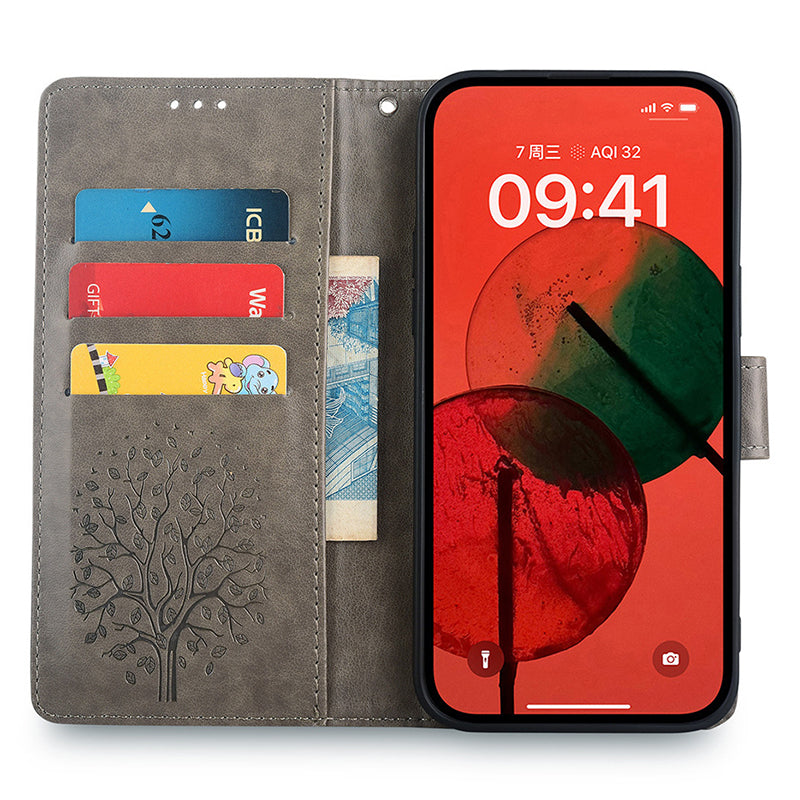 For Samsung Galaxy M15 5G Leather Case with 3 Card Slots Tree Pattern Phone Cover - Blue