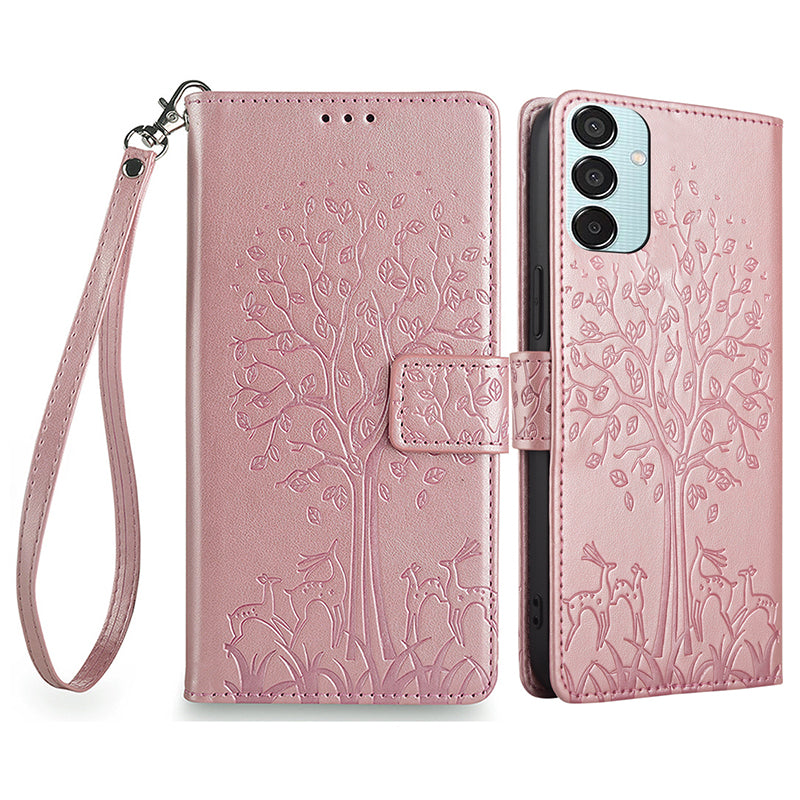For Samsung Galaxy M15 5G Leather Case with 3 Card Slots Tree Pattern Phone Cover - Rose Gold