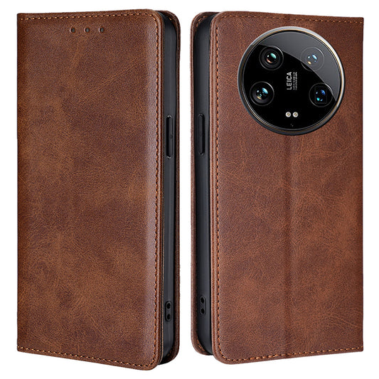 For Xiaomi 14 Ultra Case Calf Texture PU Leather Wallet Phone Cover - Brown