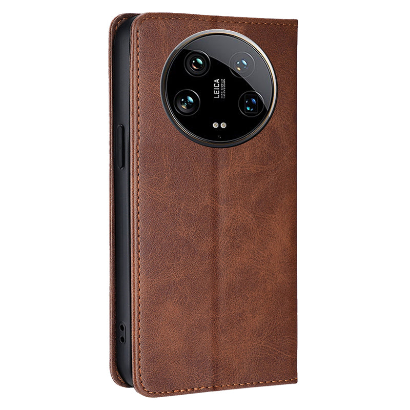 For Xiaomi 14 Ultra Case Calf Texture PU Leather Wallet Phone Cover - Brown