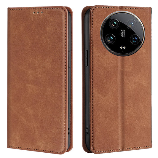 For Xiaomi 14 Ultra Case Skin Feeling PU Leather Phone Cover with Card Slots - Light Brown