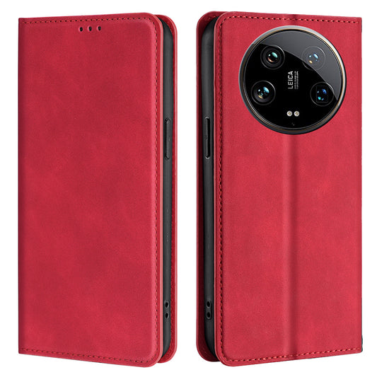 For Xiaomi 14 Ultra Case Skin Feeling PU Leather Phone Cover with Card Slots - Red