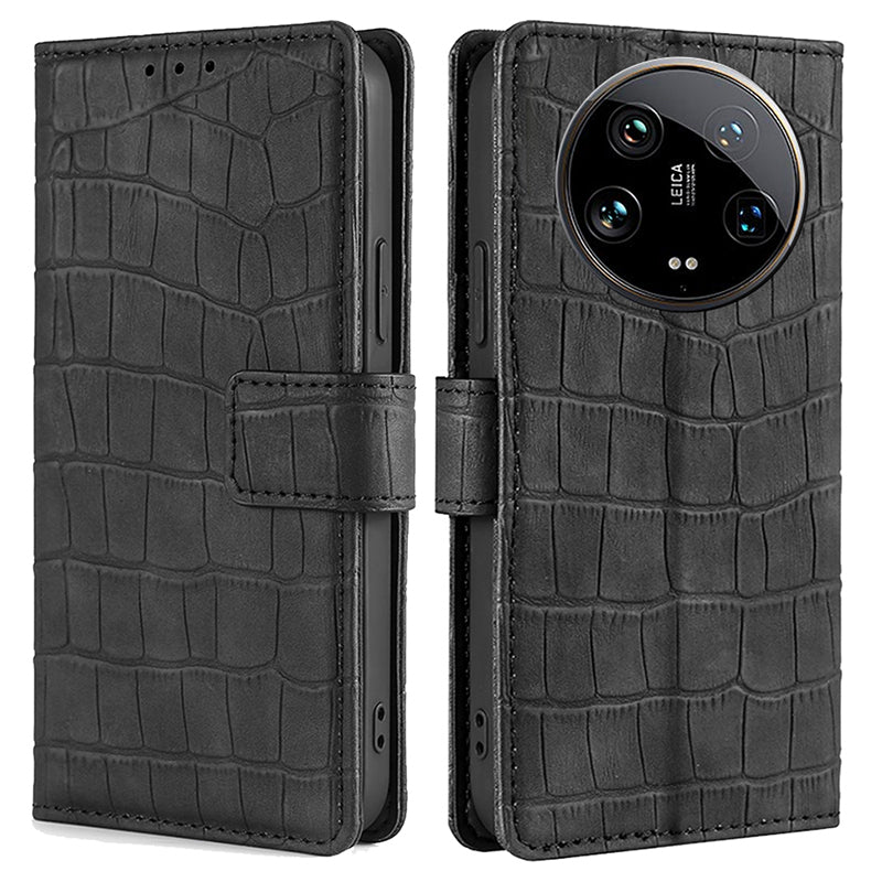 For Xiaomi 14 Ultra Leather Case Crocodile Texture Magnetic Phone Cover - Black