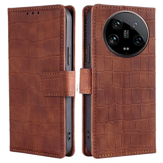 For Xiaomi 14 Ultra Leather Case Crocodile Texture Magnetic Phone Cover - Brown