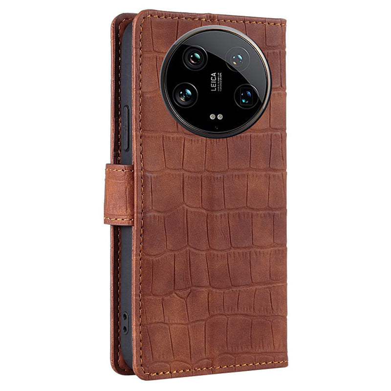 For Xiaomi 14 Ultra Leather Case Crocodile Texture Magnetic Phone Cover - Brown