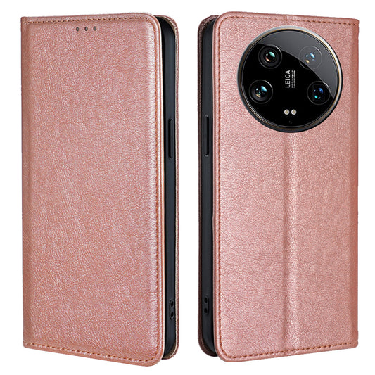 For Xiaomi 14 Ultra Case PU Leather Wallet Cover Magnetic Closing Phone Shell - Rose Gold