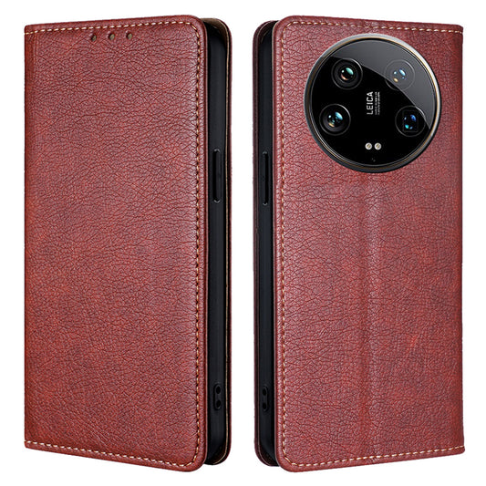 For Xiaomi 14 Ultra Case PU Leather Wallet Cover Magnetic Closing Phone Shell - Brown