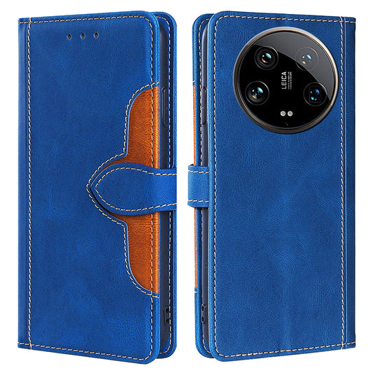 Skin-touch Shell for Xiaomi 14 Ultra Straw Hat Phone Cover PU Leather Stand Wallet Case - Blue