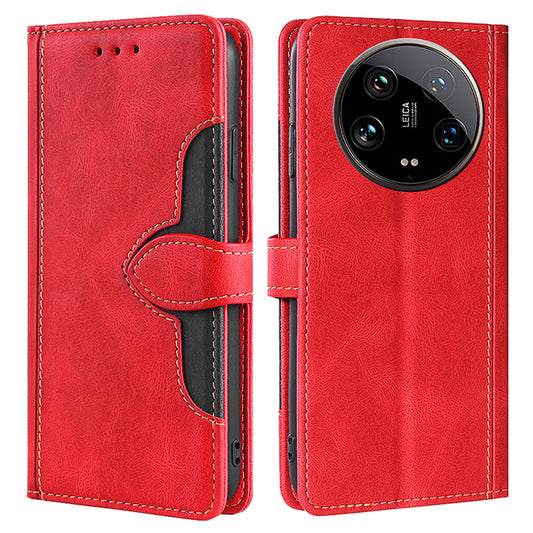 Skin-touch Shell for Xiaomi 14 Ultra Straw Hat Phone Cover PU Leather Stand Wallet Case - Red