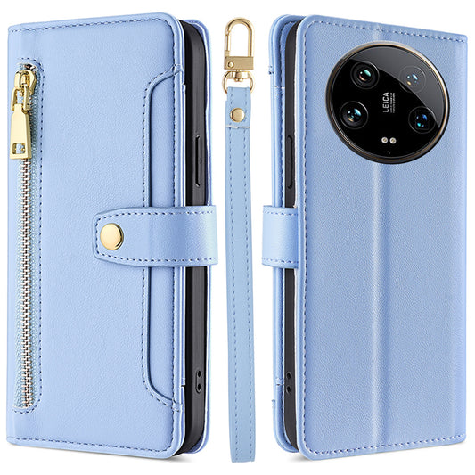For Xiaomi 14 Ultra Case Zipper Pocket PU Leather Phone Cover Wallet with 2 Straps - Blue