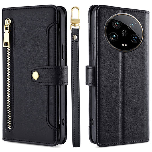 For Xiaomi 14 Ultra Case Zipper Pocket PU Leather Phone Cover Wallet with 2 Straps - Black