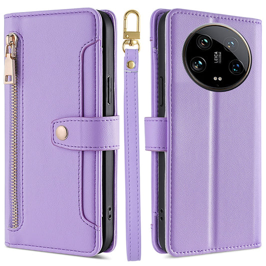 For Xiaomi 14 Ultra Case Zipper Pocket PU Leather Phone Cover Wallet with 2 Straps - Purple