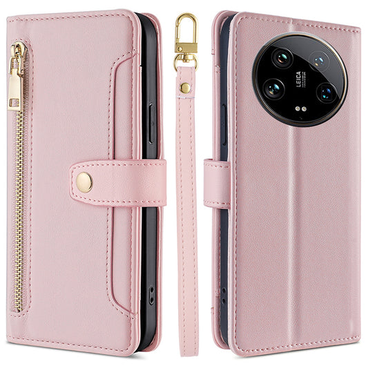 For Xiaomi 14 Ultra Case Zipper Pocket PU Leather Phone Cover Wallet with 2 Straps - Pink