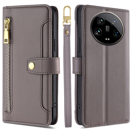 For Xiaomi 14 Ultra Case Zipper Pocket PU Leather Phone Cover Wallet with 2 Straps - Grey