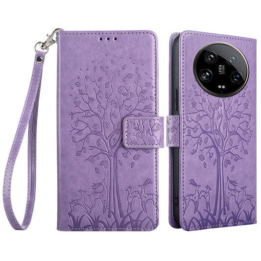 For Xiaomi 14 Ultra Case Tree Imprinted Wallet Stand Leather Phone Cover - Purple