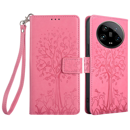 For Xiaomi 14 Ultra Case Tree Imprinted Wallet Stand Leather Phone Cover - Pink