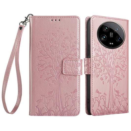 For Xiaomi 14 Ultra Case Tree Imprinted Wallet Stand Leather Phone Cover - Rose Gold