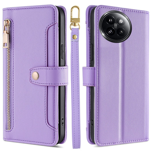 For Xiaomi Civi 4 Pro 5G Zipper Pocket Cell Phone Case Wallet Leather Cover with 2 Straps - Purple