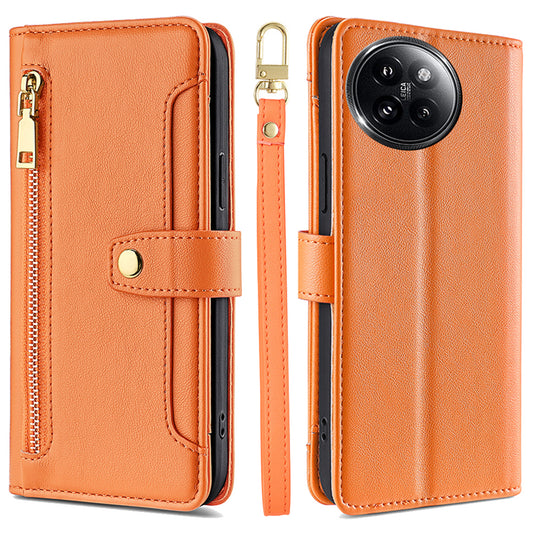 For Xiaomi Civi 4 Pro 5G Zipper Pocket Cell Phone Case Wallet Leather Cover with 2 Straps - Orange
