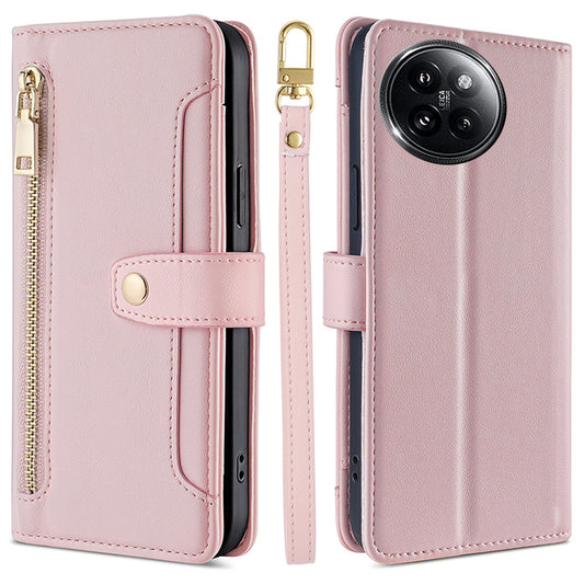 For Xiaomi Civi 4 Pro 5G Zipper Pocket Cell Phone Case Wallet Leather Cover with 2 Straps - Pink