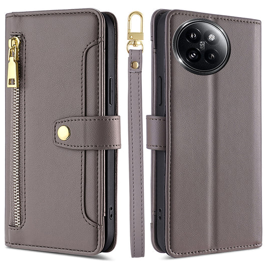 For Xiaomi Civi 4 Pro 5G Zipper Pocket Cell Phone Case Wallet Leather Cover with 2 Straps - Grey