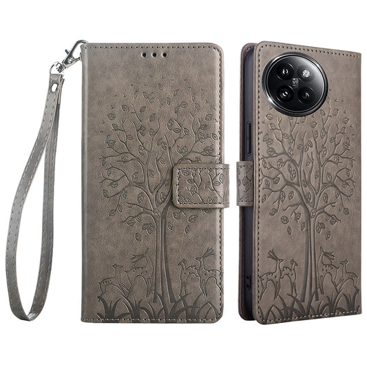 For Xiaomi Civi 4 Pro 5G Leather Case Deer Tree Pattern Wallet Flip Stand Cell Phone Cover - Grey